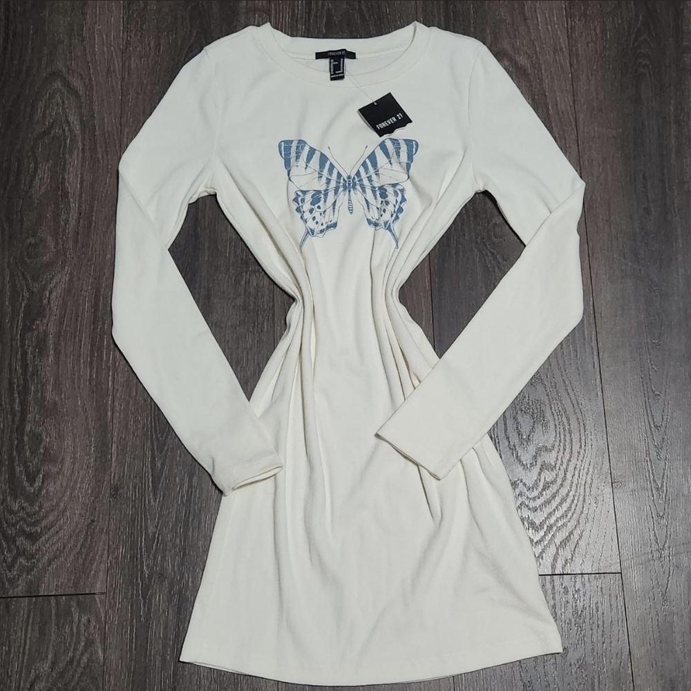 H&M White Long Sleeve Dress with Blue Butterfly